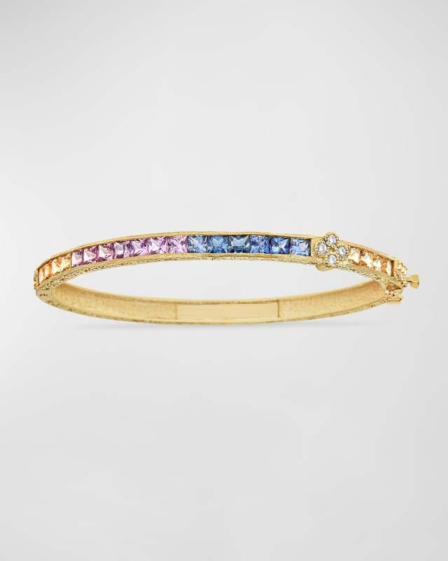 18K Yellow Gold Bangle Bracelet with Diamonds and Ombre Sapphires